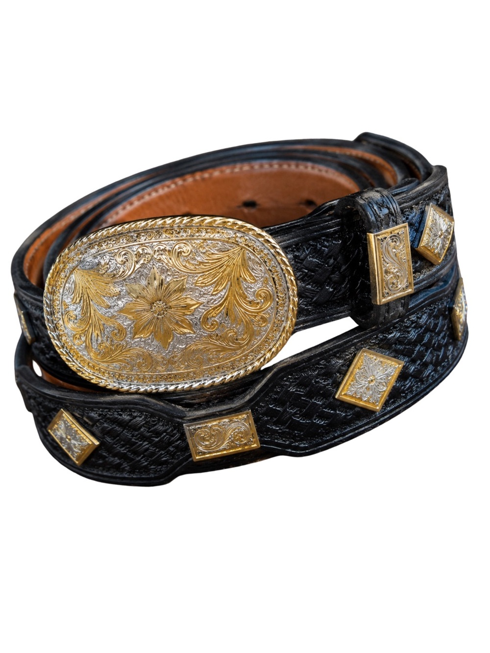 Double J Saddlery Western 1996 Leather Belt 830-1 Engraved Gold Floral Buckle